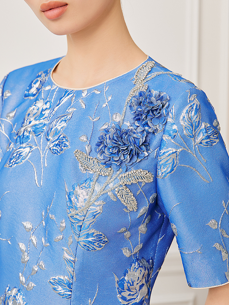 Song of Song歌中歌2026夏季新款冰蓝青花织韵·提花刺绣A字连衣裙5C36205370