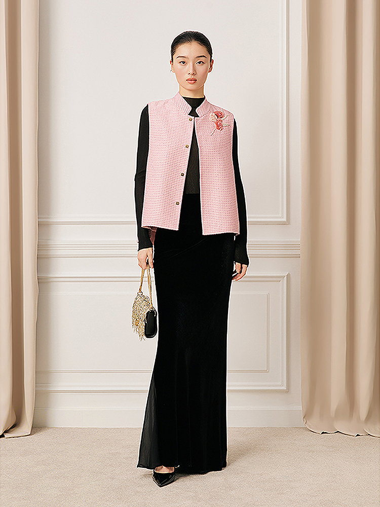 【粉织银葱】Song of Song歌中歌2026春季新款花纱珠绣立领马甲5C36101090