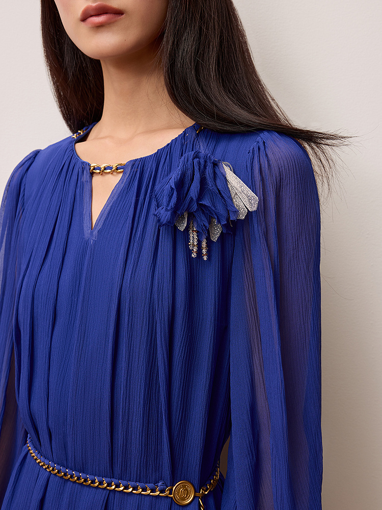 OBBLIGATO奥丽嘉朵专选2025秋季新品桑蚕丝花朵浓郁蓝修身连衣裙1C65305250