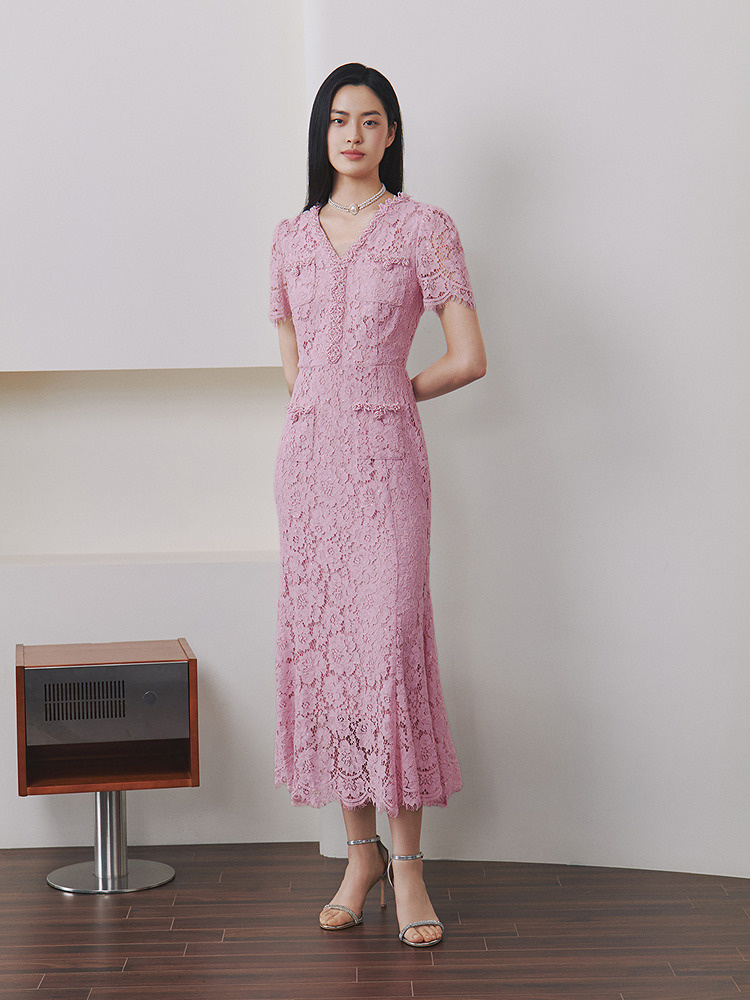 OBBLIGATO奥丽嘉朵2026夏季新款粉色蕾丝收腰钉珠鱼尾中长连衣裙1C66205410
