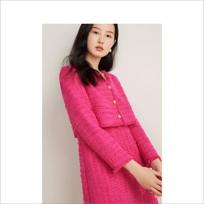 Goodland美地女装2024春季小香粗花呢假两件连衣裙LC34105030