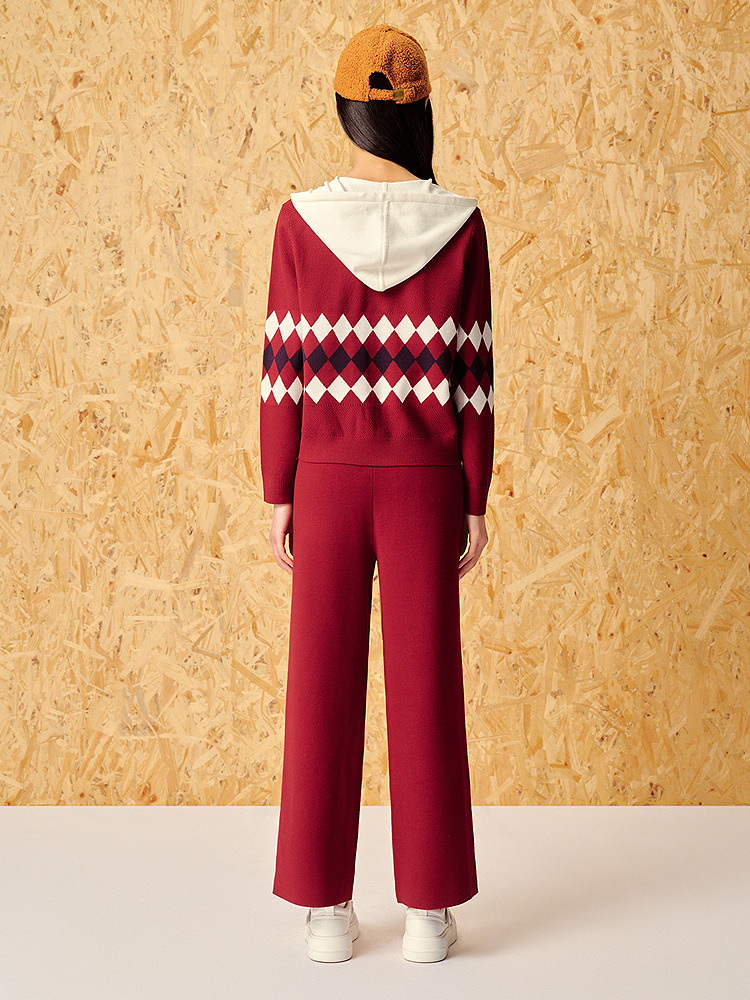 ToyzY24春菱格提花假两件酒红针织外套7C54106510