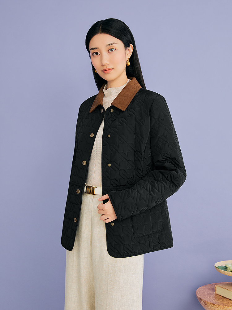 YINER音儿专选2026秋季新款时尚复古翻领短款菱格纹气质棉服外套8C66310056