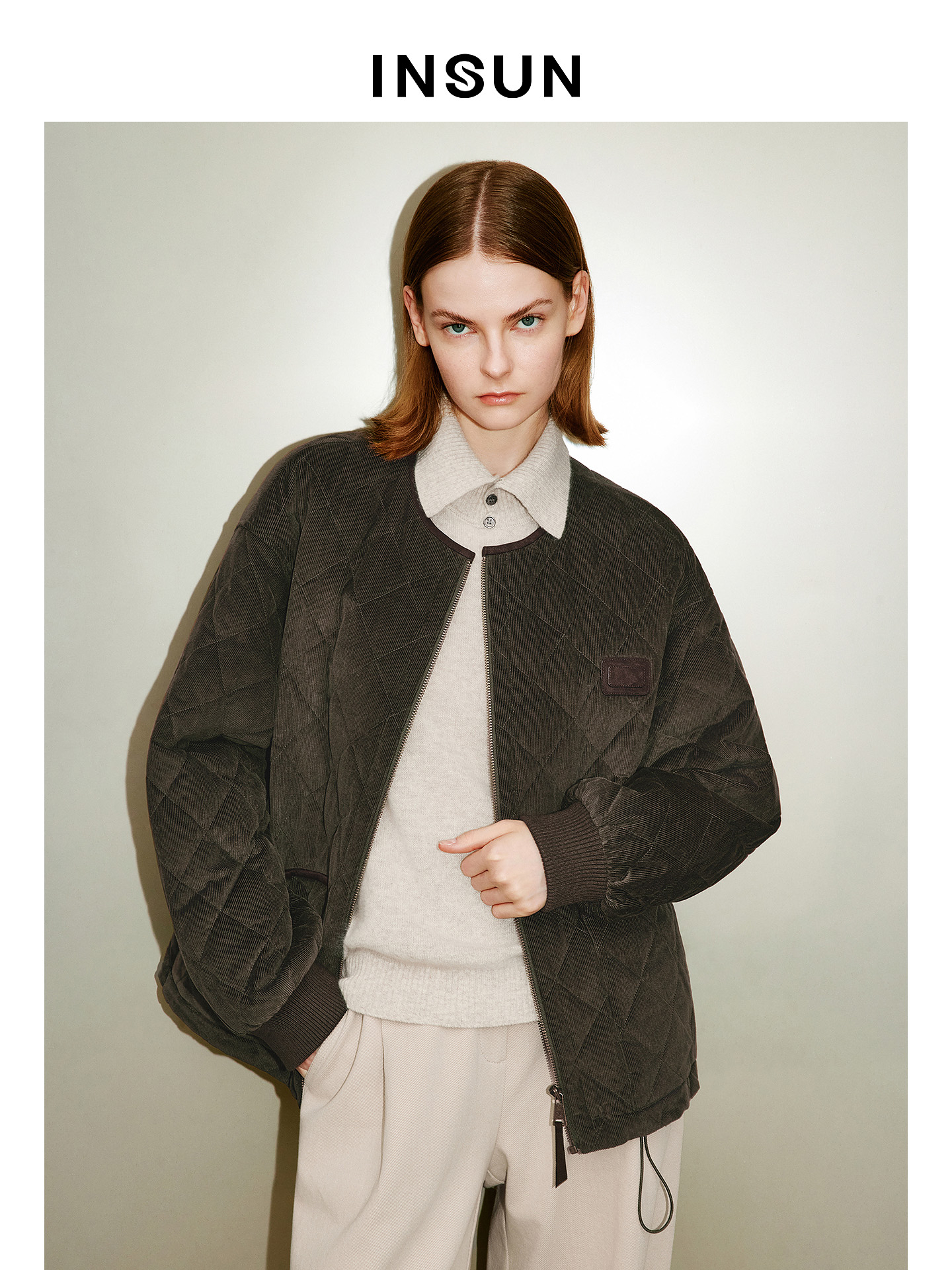 INSUN恩裳专选2026春季复古松弛感绒朵菱格短外套9C66108620