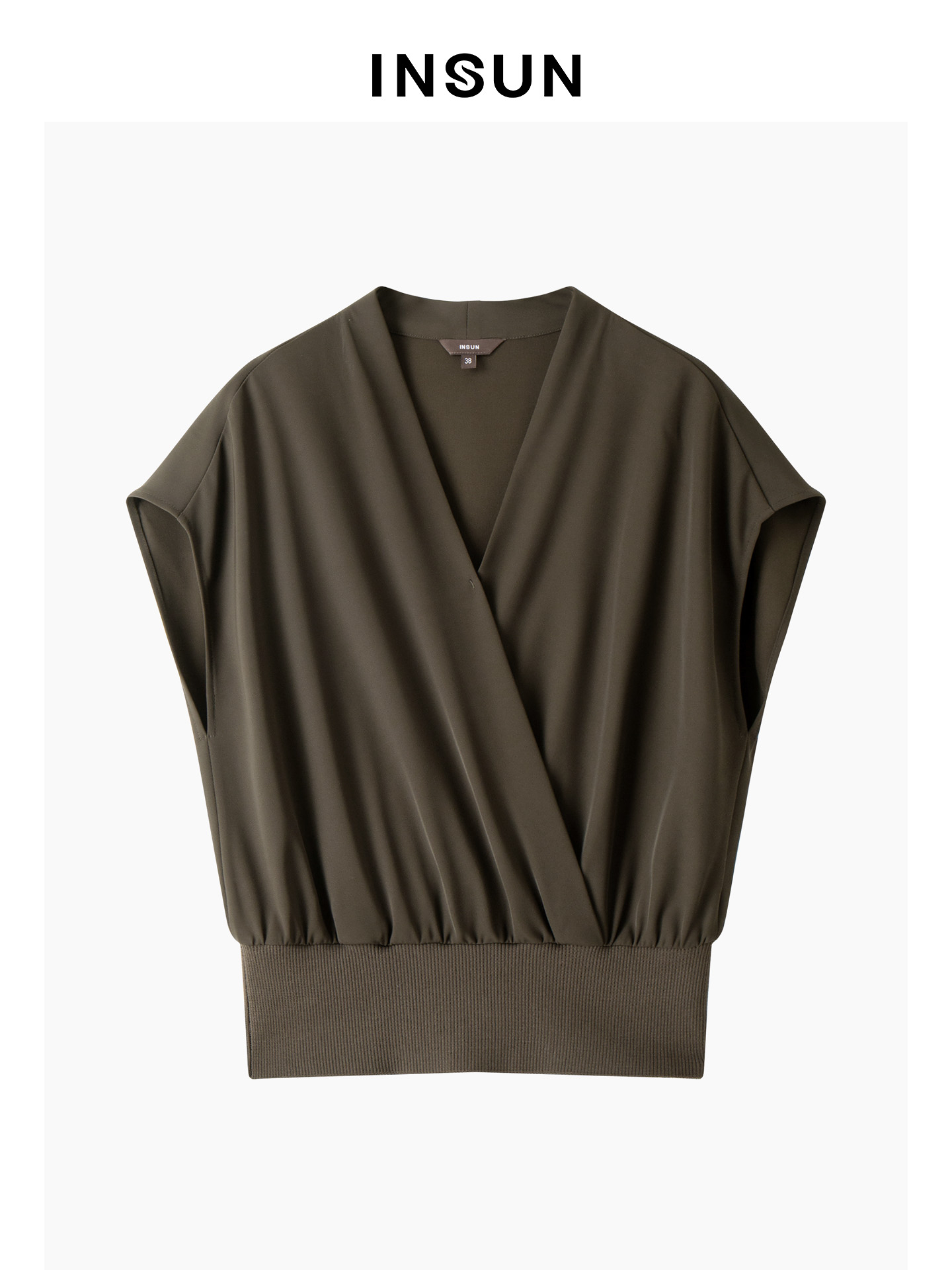 INSUN恩裳专选2026夏季交叉V领落肩袖显瘦T恤9C66270030