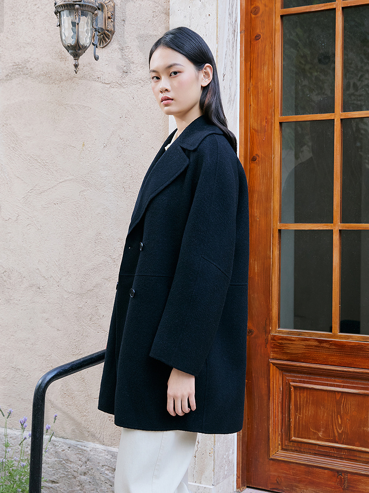YINER音儿专选2025冬季新款法式西装领羊毛混纺双面呢大衣外套8C65580366