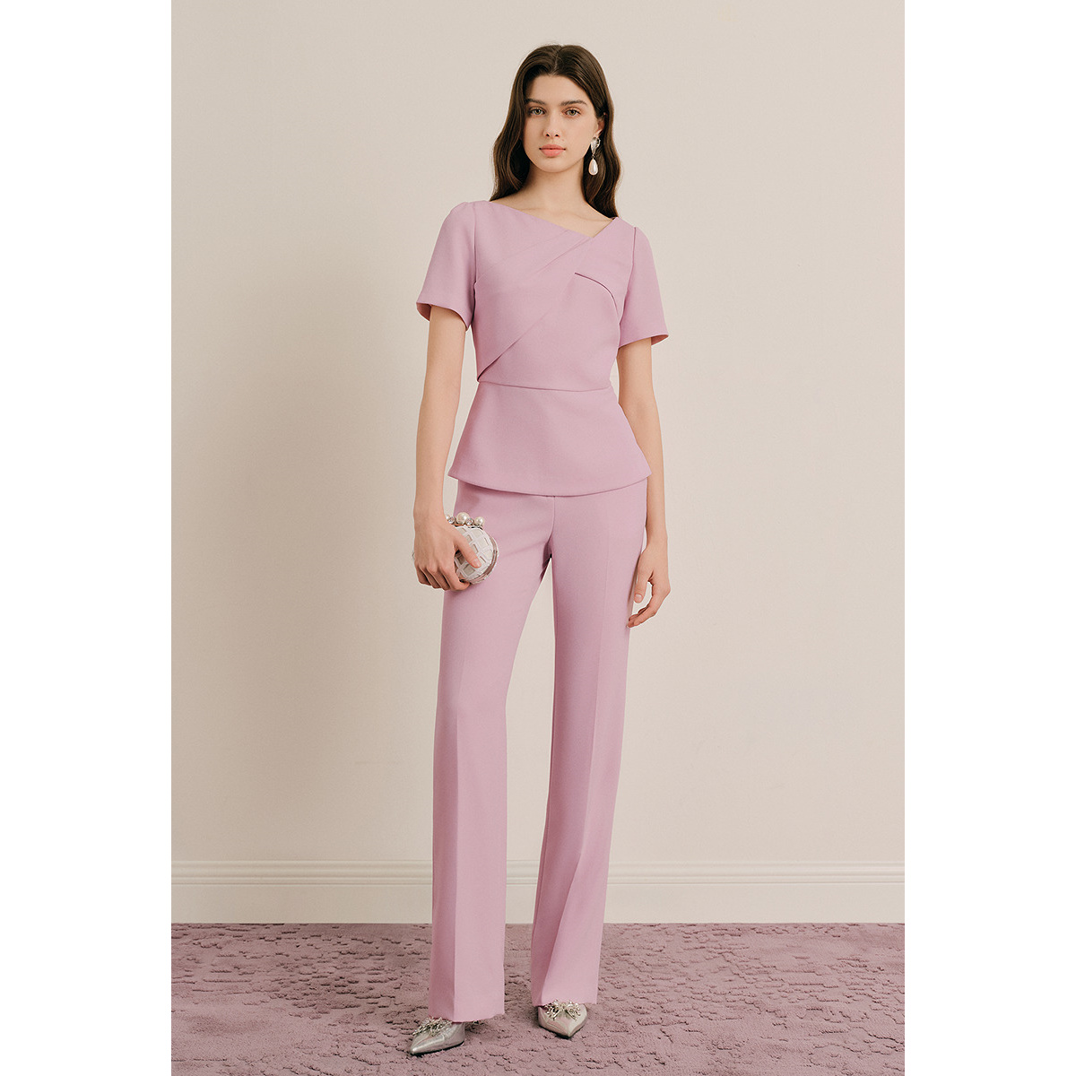 OBBLIGATO奥丽嘉朵2025夏季新品浅粉色不对称设计时尚单上衣1C65270050