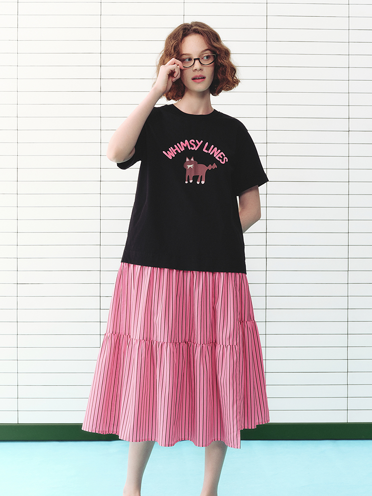 ToyzY2026夏季新款印花撞色拼接显瘦A字假两件舒适连衣裙ZC36205470