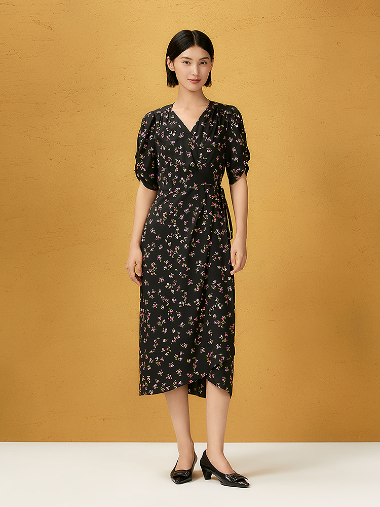 Song of Song歌中歌2025黑色小碎花满印桑蚕丝经典茶歇裙5C65205098