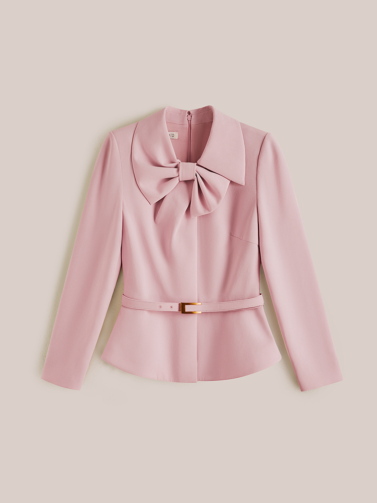OBBLIGATO奥丽嘉朵2026春季新款醋酸混纺浅粉色蝴蝶结领收腰西装上衣1C66170060