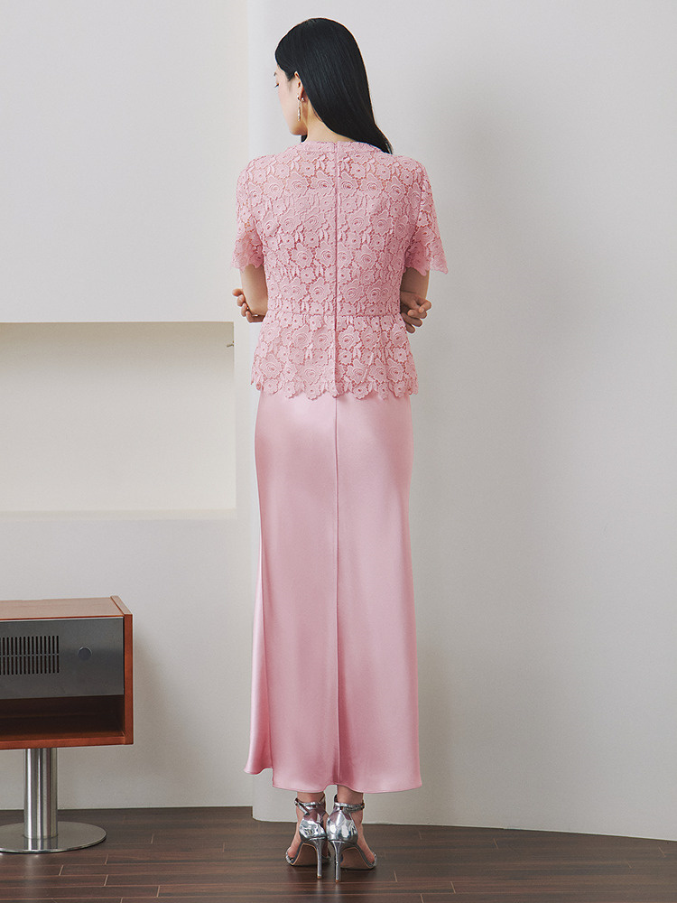 OBBLIGATO奥丽嘉朵2026夏季新款粉色蕾丝拼接缎面醋酸收腰连衣裙1C66205360
