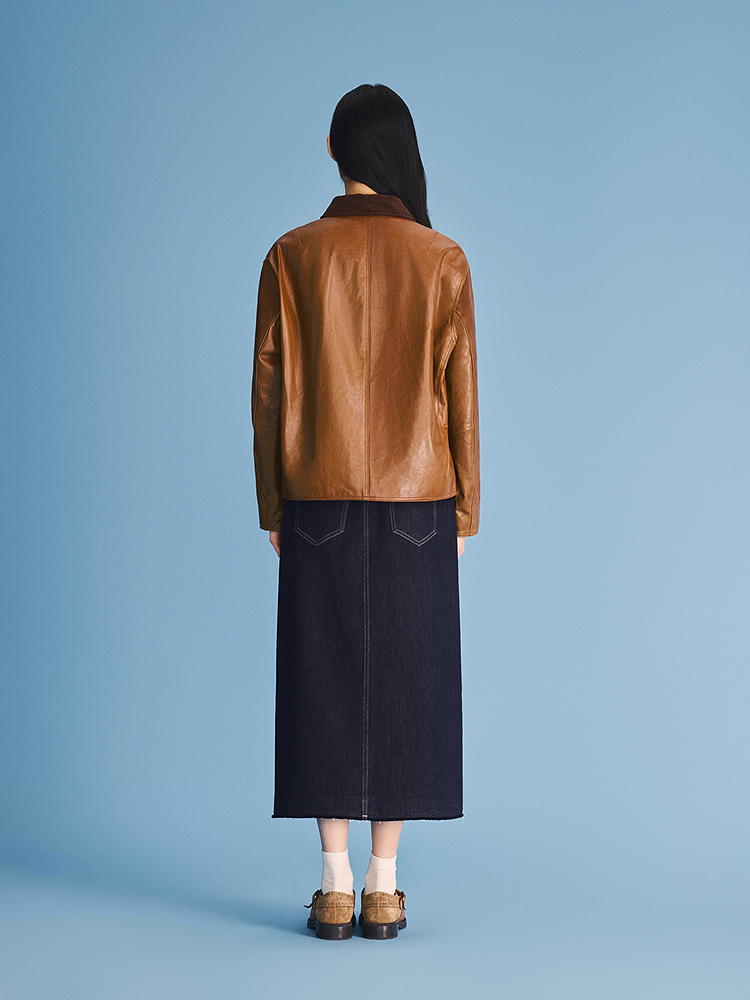 PSALTER诗篇 2026春季新款复古灯芯绒领拼接皮衣6C36109030